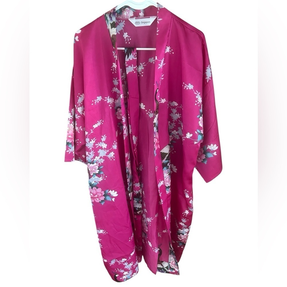 Singapore Hot Pink Lotus Peacock Floral Satin Robe Kimono With Belt One Size